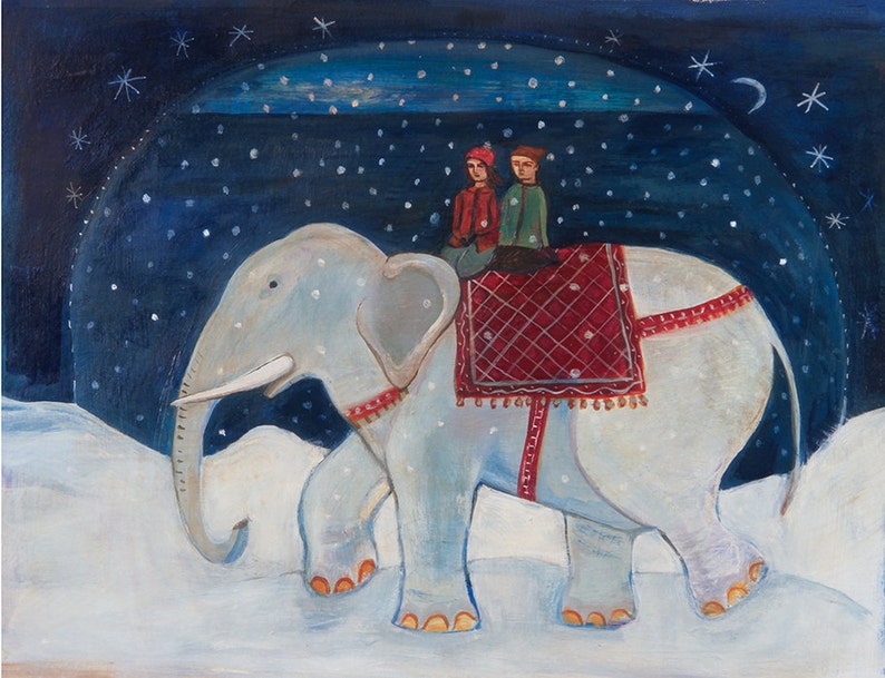 Greeting Card, Going Home, holiday card, elephant, children, fantasy, winter, Christmas image 2