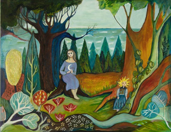 Fairytale Art Print, Sun Child, whimsical, folk art