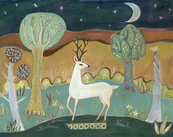 Greeting card, The White Deer, folk art, woods, landscape, nature, deer, forest