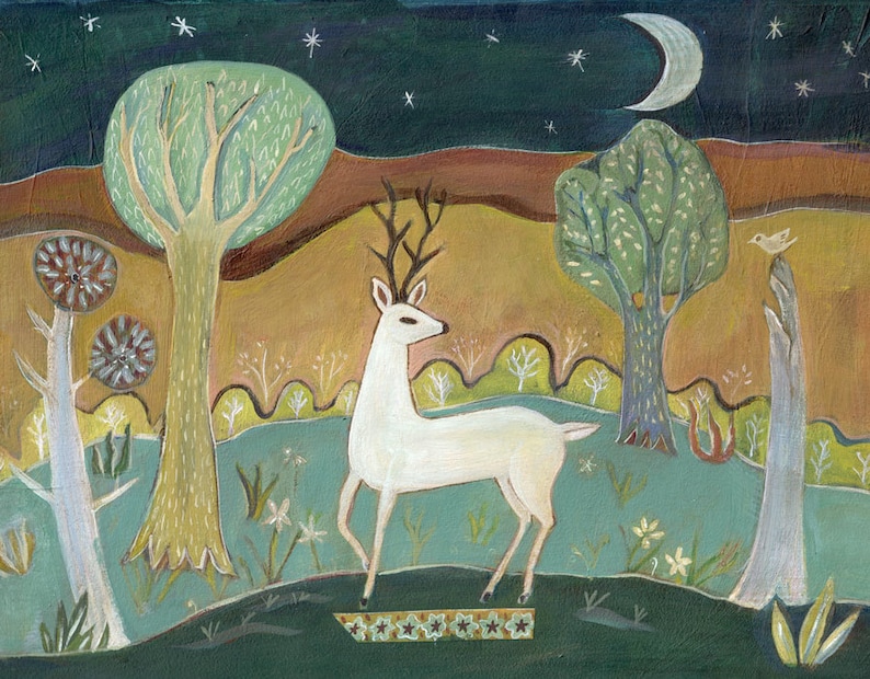 Greeting Card the White Deer Folk Art Woods Landscape Etsy