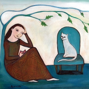 Carte de voeux, tenir compagnie, chat, livres, amoureux des livres, art de chat