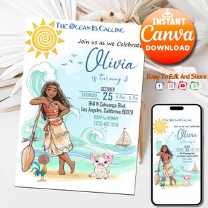 Könnte beinhalten: Eine Geburtstagseinladung mit dem Thema "The Ocean is Calling". Das Design beinhaltet eine Cartoon-Illustration einer Frau, eines Schweins und eines Hahns am Strand. Die Einladung enthält Datum, Uhrzeit und Ort der Veranstaltung.