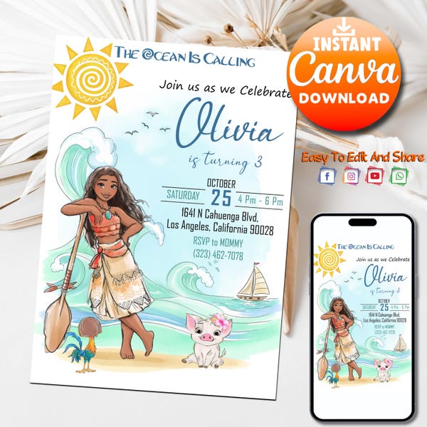 Editable Moana Invitation, Moana Invite, Kids Theme Party Digital Birthday Invite, Hawaiian Kids Party Template, Instant Download Invitation