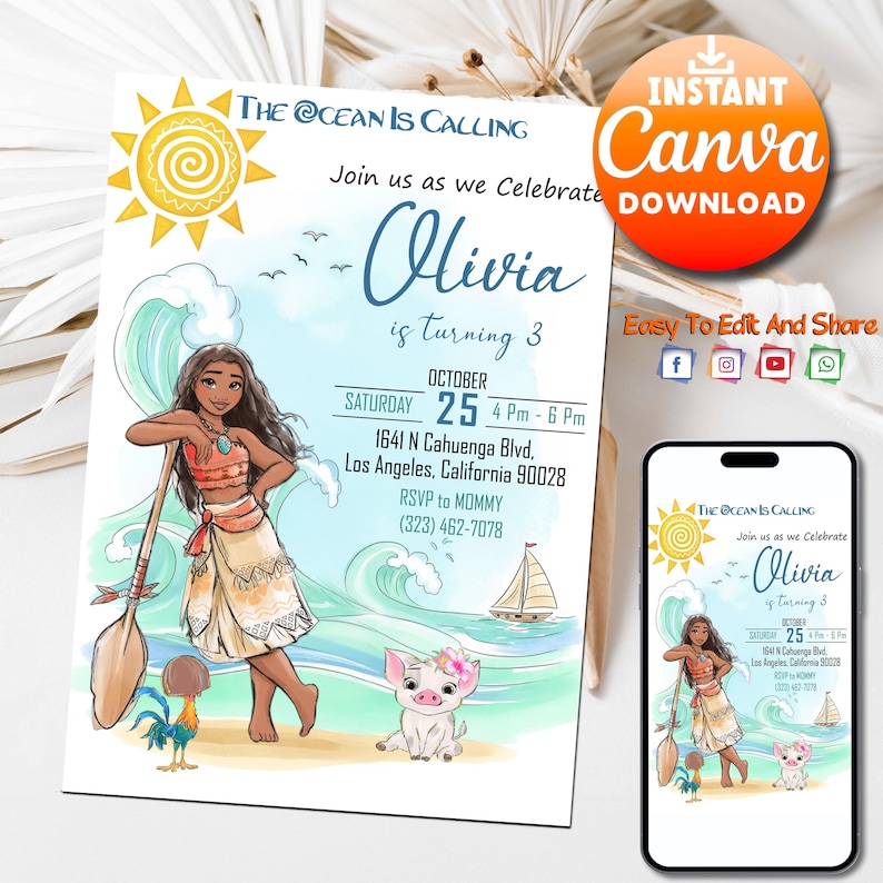 May include: A birthday party invitation with the theme "The Ocean is Calling." The design includes a cartoon illustration of a woman, a pig, and a rooster on a beach. The invitation includes the date, time, and location details for the event.