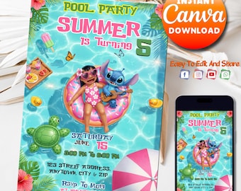 Editable Lilo & Stitch Party Invitation, Birthday Pool Invite Stitch Party Invite Printable Pool Birthday Template, Instant Digital Download