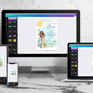 May include: A digital birthday invitation design featuring a cartoon illustration of a woman with a surfboard, a pig, and a sailboat. The invitation is displayed on a computer, tablet, phone, and laptop.