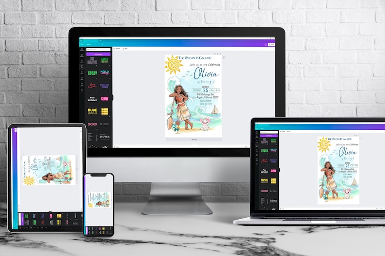 May include: A digital birthday invitation design featuring a cartoon illustration of a woman with a surfboard, a pig, and a sailboat. The invitation is displayed on a computer, tablet, phone, and laptop.