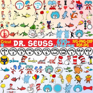 Peut inclure: Un téléchargement numérique de plus de 690 fichiers superposés SVG, PNG, DXF, PDF et JPG mettant en scène des personnages et des illustrations du Dr Seuss. L'image montre une variété de personnages, dont le Chat dans le Chapeau, Thing 1 et Thing 2, et le Lorax.