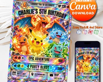 May include: A rectangular birthday invitation card featuring Charizard, Pikachu, Charmander, Squirtle, and Bulbasaur. The text reads Charlie's 5th Birthday, I Choose You To Celebrate, Epic Adventure, 4 Party Blast, and event details.