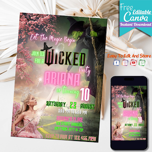 EDITIERBARE Wicked Geburtstagsparty Einladung | Böse Party einladen | Elphaba & Glinda Theme | WICKED inspirierter Film einladen | Bearbeitbar auf Canva