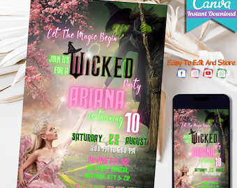 EDITABLE Wicked Birthday Party Invitation | Wicked party invite | Elphaba & Glinda Theme | WICKED inspired Movie invite | Editable on Canva