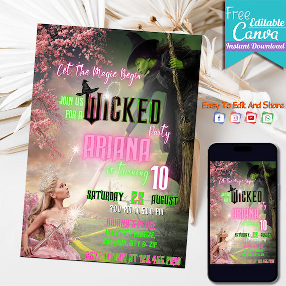 EDITABLE Wicked Birthday Party Invitation | Wicked party invite | Elphaba & Glinda Theme | WICKED inspired Movie invite | Editable on Canva