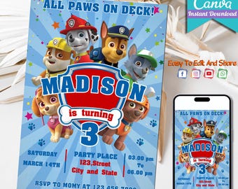 Editable Paw-ty Birthday Invitation Template | Kids Printable Party Invitation | Puppy Patrol Pup Crew Boys & Girls Bday | Instant Download