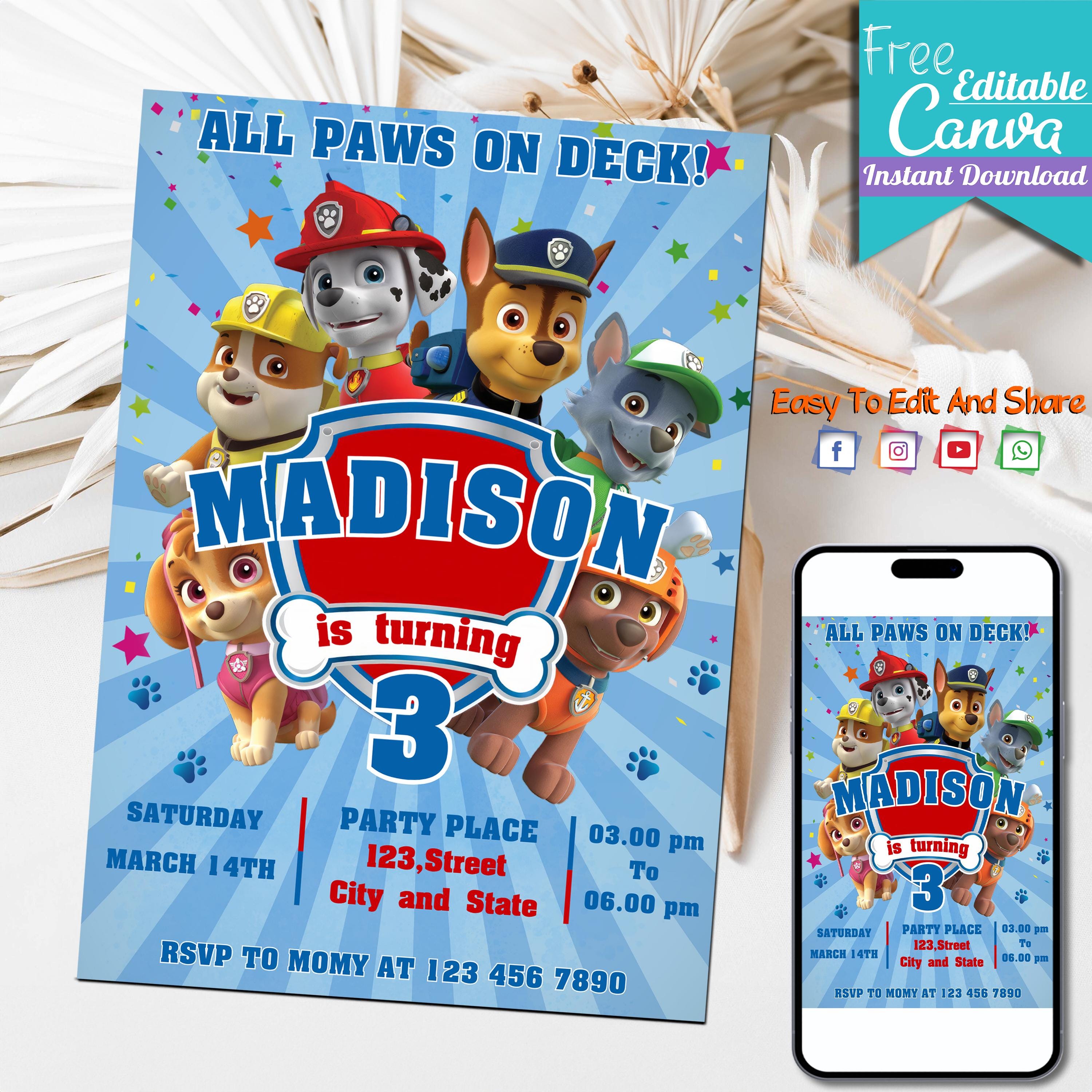 Editable Paw-ty Birthday Invitation Template | Kids Printable Party Invitation | Puppy Patrol Pup Crew Boys & Girls Bday | Instant Download
