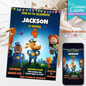 Plantilla editable de invitación de cumpleaños de Dogman / Invitación de película de cumpleaños infantil de Dogman / Invitación de Dogman / Plantilla de Canva / Descarga instantánea