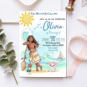 May include: A birthday invitation card with a cartoon illustration of a girl, a pig, and a rooster. The text reads "The Ocean is Calling" and invites guests to celebrate Olivia's 3rd birthday on October 25th.