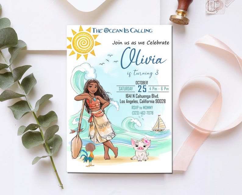 May include: A birthday invitation card with a cartoon illustration of a girl, a pig, and a rooster. The text reads "The Ocean is Calling" and invites guests to celebrate Olivia's 3rd birthday on October 25th.
