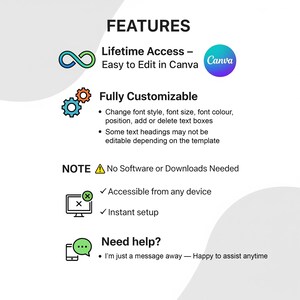 May include: A graphic detailing features, including lifetime access and easy editing in Canva. It highlights full customisation options, accessibility from any device, and instant setup. The graphic also states that no software or downloads are needed.