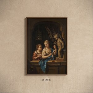 Girls and Cupid Statue Painting PRINTABLE Art | Vintage Moody Wall Art Print | Digital Download | Antique Room Decor | CC277