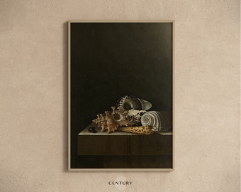 Seashells on Stone Plinth Still Life Painting PRINTABLE Art | Moody Dark Seashell Art Print | DIGITAL DOWNLOAD | Antique Room Decor | CC7116