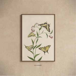 Four Yellow Butterflies Drawing PRINTABLE Art | Vintage Butterfly Floral Drawing Art Print | DIGITAL DOWNLOAD | Antique Room Decor | CC416
