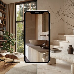 May include: A modern home interior with a large bookshelf, a white armchair, and a large window overlooking a forest. A smartphone displays a photo of a bathroom with a large, round sink and a mirror.
