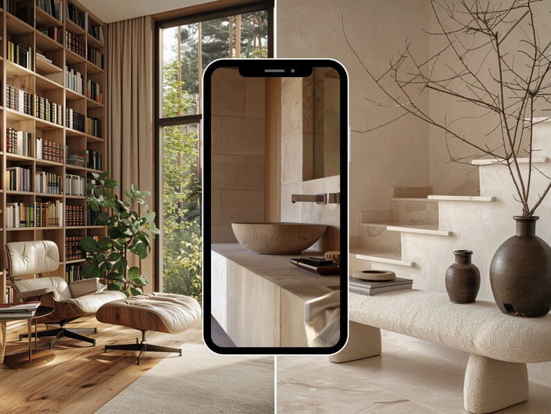 May include: A modern home interior with a large bookshelf, a white armchair, and a large window overlooking a forest. A smartphone displays a photo of a bathroom with a large, round sink and a mirror.