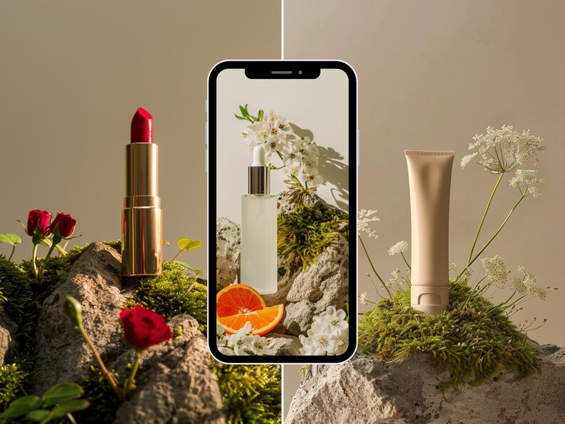 May include: A close-up of a smartphone screen displaying a white bottle of serum, a red lipstick, and a tube of face cream. The products are arranged on a bed of moss and rocks, with white flowers and a slice of orange.