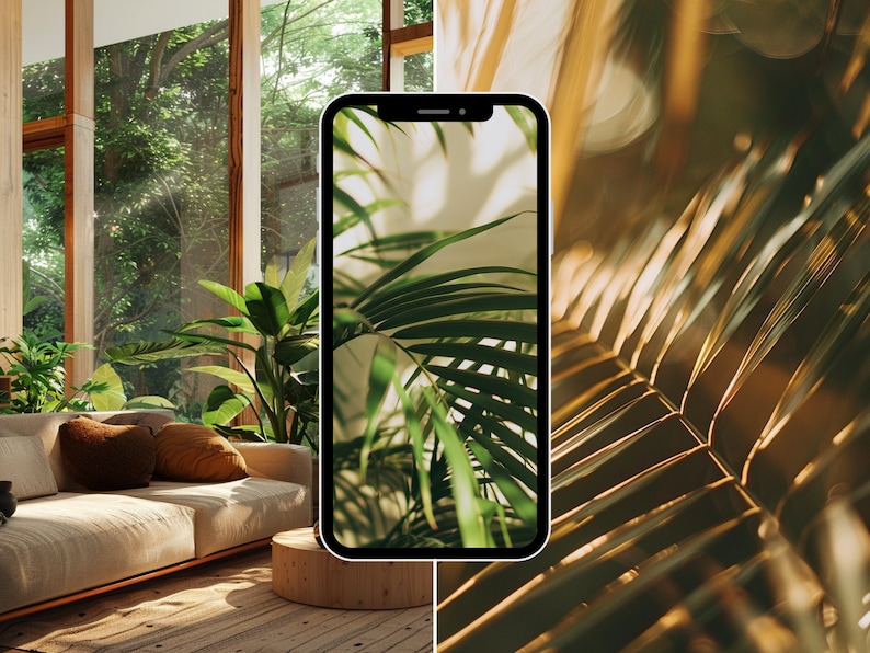 May include: A close-up of a smartphone displaying a photo of a green plant with sunlight shining through the leaves. The phone is on a wooden table in a room with large windows.