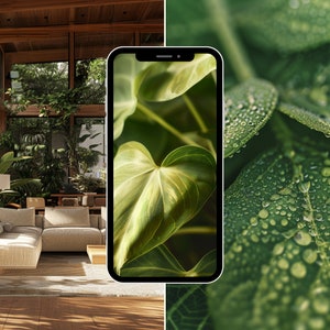 May include: A modern living room with large windows and a beige sectional sofa. The room is filled with lush green plants. A smartphone with a green leaf wallpaper is in the foreground.