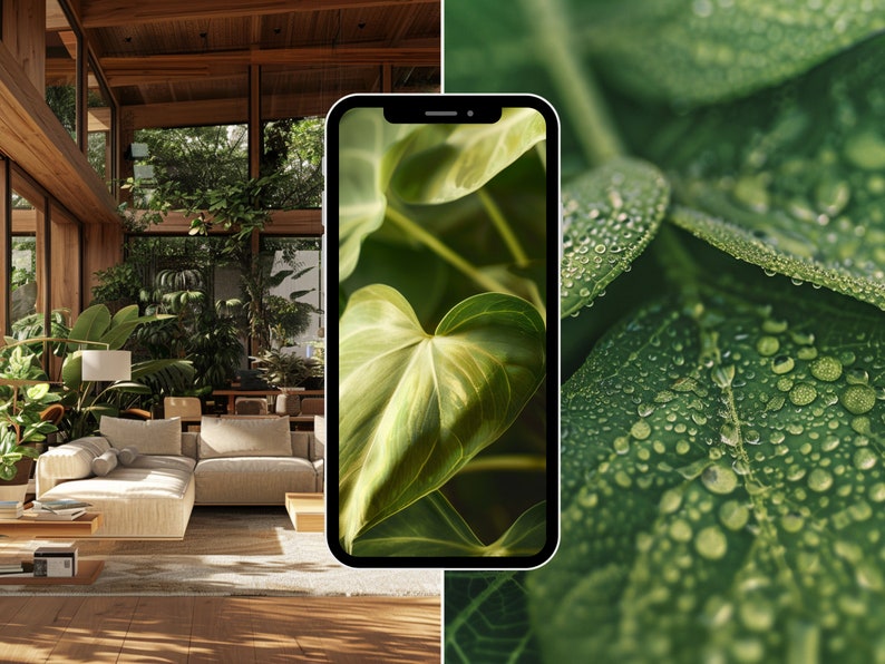 May include: A modern living room with large windows and a beige sectional sofa. The room is filled with lush green plants. A smartphone with a green leaf wallpaper is in the foreground.
