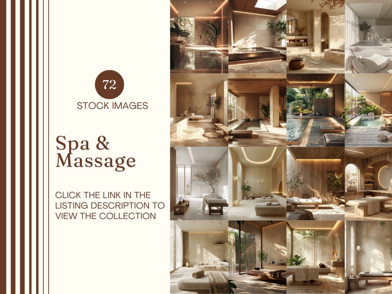 May include: A collection of 12 images depicting spa and massage environments. The images feature neutral tones, wooden elements, and natural lighting. Text on the image reads "72 STOCK IMAGES Spa & Massage CLICK THE LINK IN THE LISTING DESCRIPTION TO VIEW THE COLLECTION."