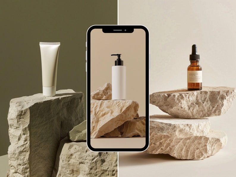 May include: A white tube of cream, a white pump bottle of lotion, and a brown glass bottle of serum are displayed on stacked light brown rocks. The products are photographed on a smartphone screen.