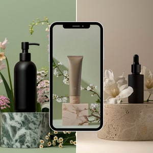 May include: A black pump bottle, a brown tube of cream, and a black dropper bottle, all on marble pedestals, surrounded by white and pink flowers. The products are displayed on a smartphone screen.