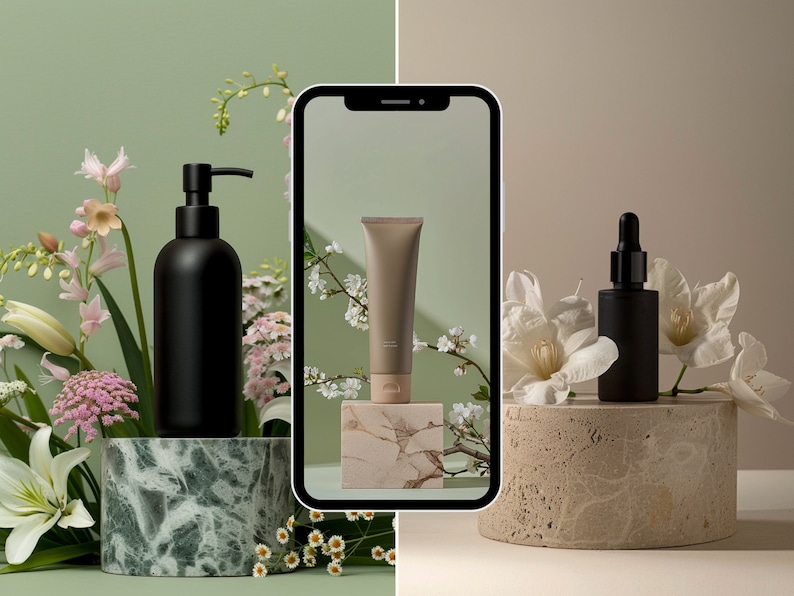 May include: A black pump bottle, a brown tube of cream, and a black dropper bottle, all on marble pedestals, surrounded by white and pink flowers. The products are displayed on a smartphone screen.