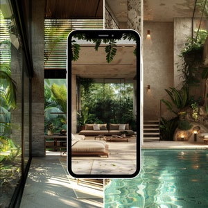 May include: A modern home with a large window overlooking a lush green garden. A smartphone is in the foreground, displaying a photo of a living room with a couch and coffee table. The living room is also surrounded by greenery.