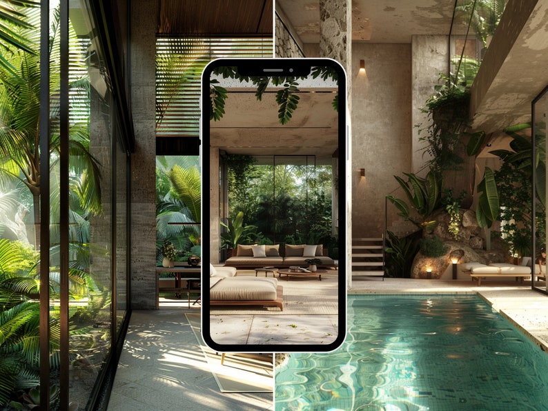 May include: A modern home with a large window overlooking a lush green garden. A smartphone is in the foreground, displaying a photo of a living room with a couch and coffee table. The living room is also surrounded by greenery.