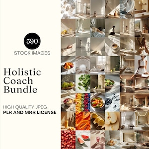 May include: A digital product bundle titled "Holistic Coach Bundle" with 590 stock images. The images showcase wellness themes, including healthy food, yoga, and spa treatments. The product includes a PLR and MRR license.