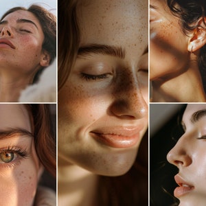 May include: Close-up of a woman's face with freckles and sun-kissed skin. The image is split into six sections, showing different angles of the face.