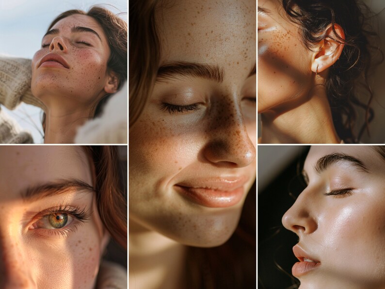 May include: Close-up of a woman's face with freckles and sun-kissed skin. The image is split into six sections, showing different angles of the face.