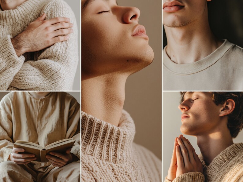 May include: A collage of images featuring a person wearing different beige knit sweaters. The person is shown with their eyes closed, hands clasped in prayer, and holding a book.