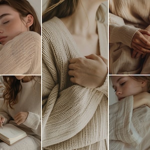 May include: A collage of three images featuring a person wearing a beige knitted cardigan. The cardigan is shown in different poses, highlighting the texture and drape of the fabric.