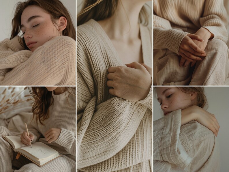 May include: A collage of three images featuring a person wearing a beige knitted cardigan. The cardigan is shown in different poses, highlighting the texture and drape of the fabric.