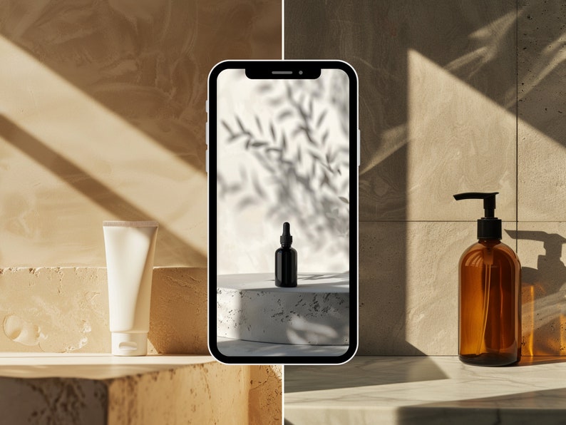 May include: A white tube of lotion and a black glass bottle with a dropper are displayed on a white platform. The scene is photographed on a smartphone screen, which is placed on a beige surface.