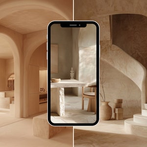 May include: A split image showing a modern interior design with arched doorways and a white table in the left half of the image. The right half of the image shows a curved staircase with a vase and other decorative items on the landing.