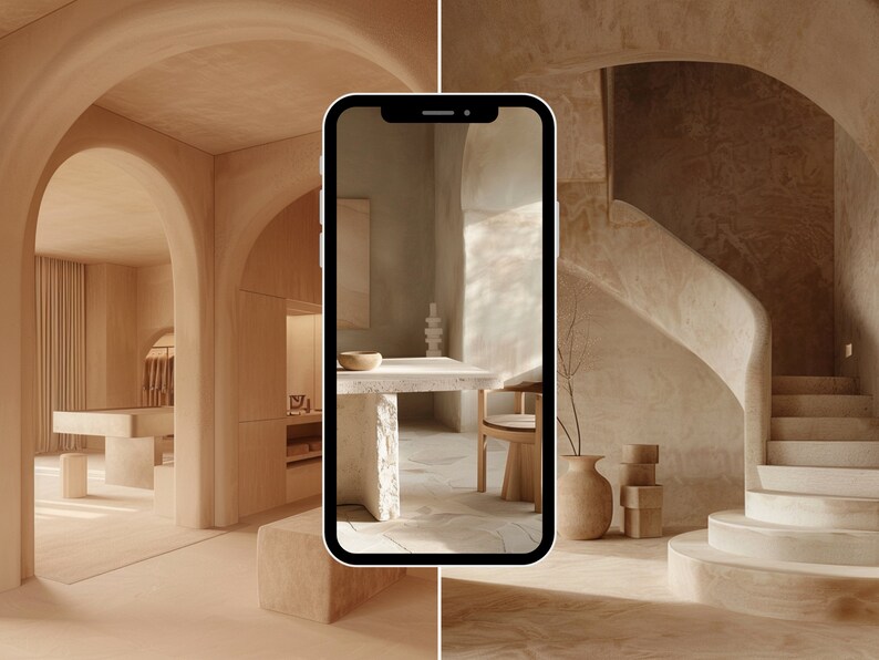 May include: A split image showing a modern interior design with arched doorways and a white table in the left half of the image. The right half of the image shows a curved staircase with a vase and other decorative items on the landing.