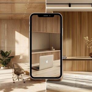 May include: A modern office space with a wooden desk and a laptop on a table. The desk is in front of a wall with vertical wooden slats. A plant is on the desk. The image is taken from a phone screen.