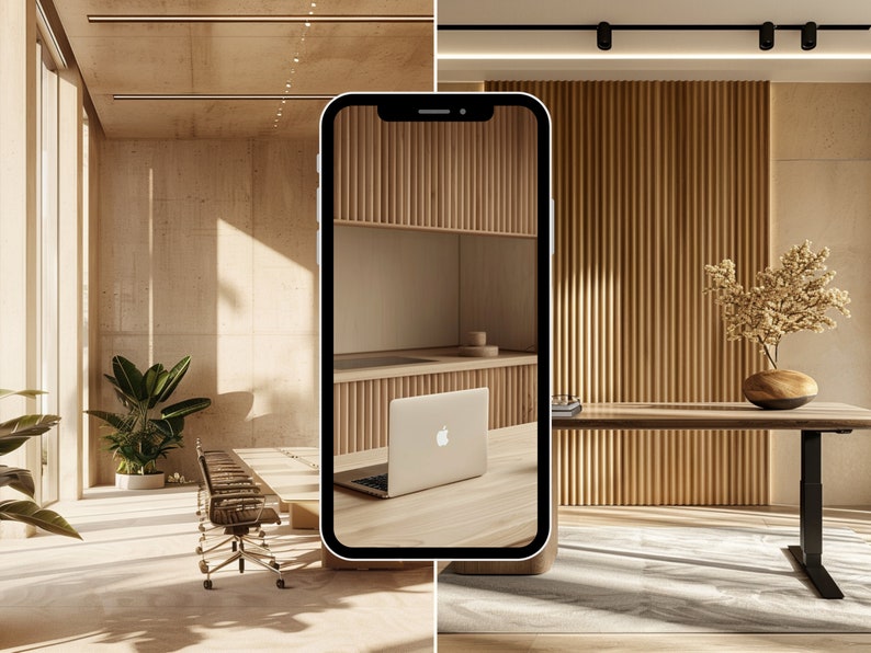 May include: A modern office space with a wooden desk and a laptop on a table. The desk is in front of a wall with vertical wooden slats. A plant is on the desk. The image is taken from a phone screen.