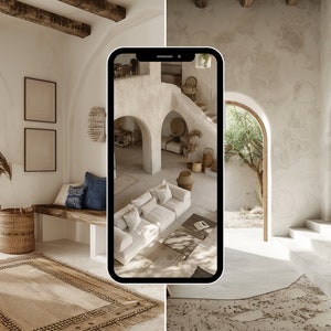 May include: A white interior design with arched doorways, a wooden bench, a woven rug, and a wicker basket. A phone screen shows a similar interior design with a white sofa and a coffee table.