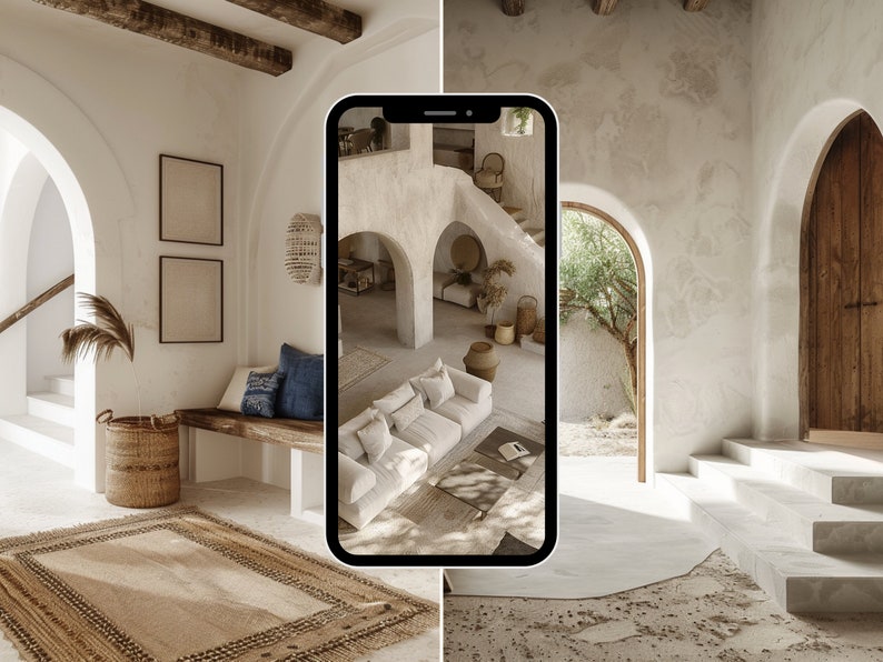 May include: A white interior design with arched doorways, a wooden bench, a woven rug, and a wicker basket. A phone screen shows a similar interior design with a white sofa and a coffee table.